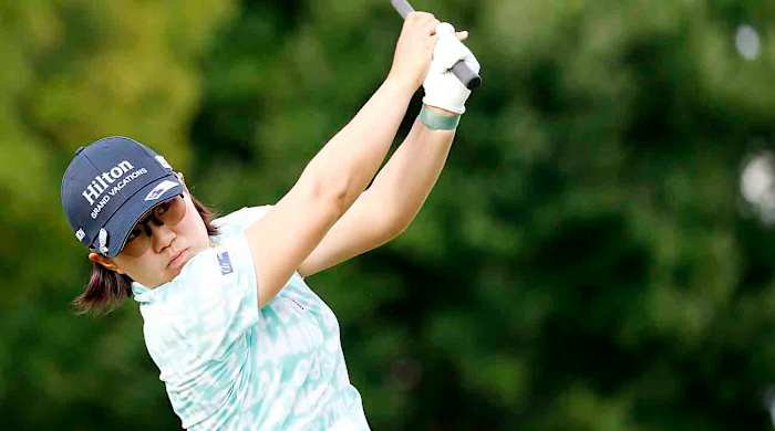 Nasa Hataoka plays her tee shot on the 6th hole during the second round of the 2023 Kroger Queen City Championship at the Kenwood Country Club in Cincinnati, Ohio.
